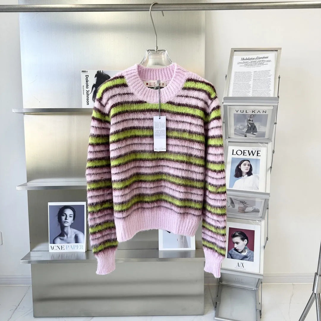 Pink haima wool lazy coat cardigan sweater with nap texture on a hanger