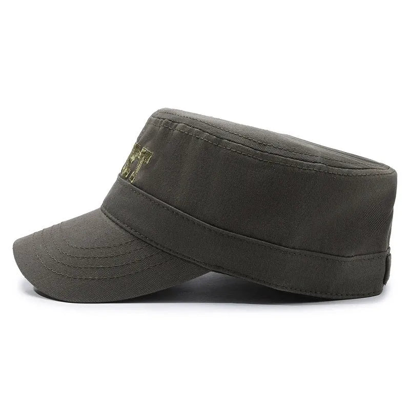 Men's flat-top cotton peaked cap in army green colour with adjustable strap.