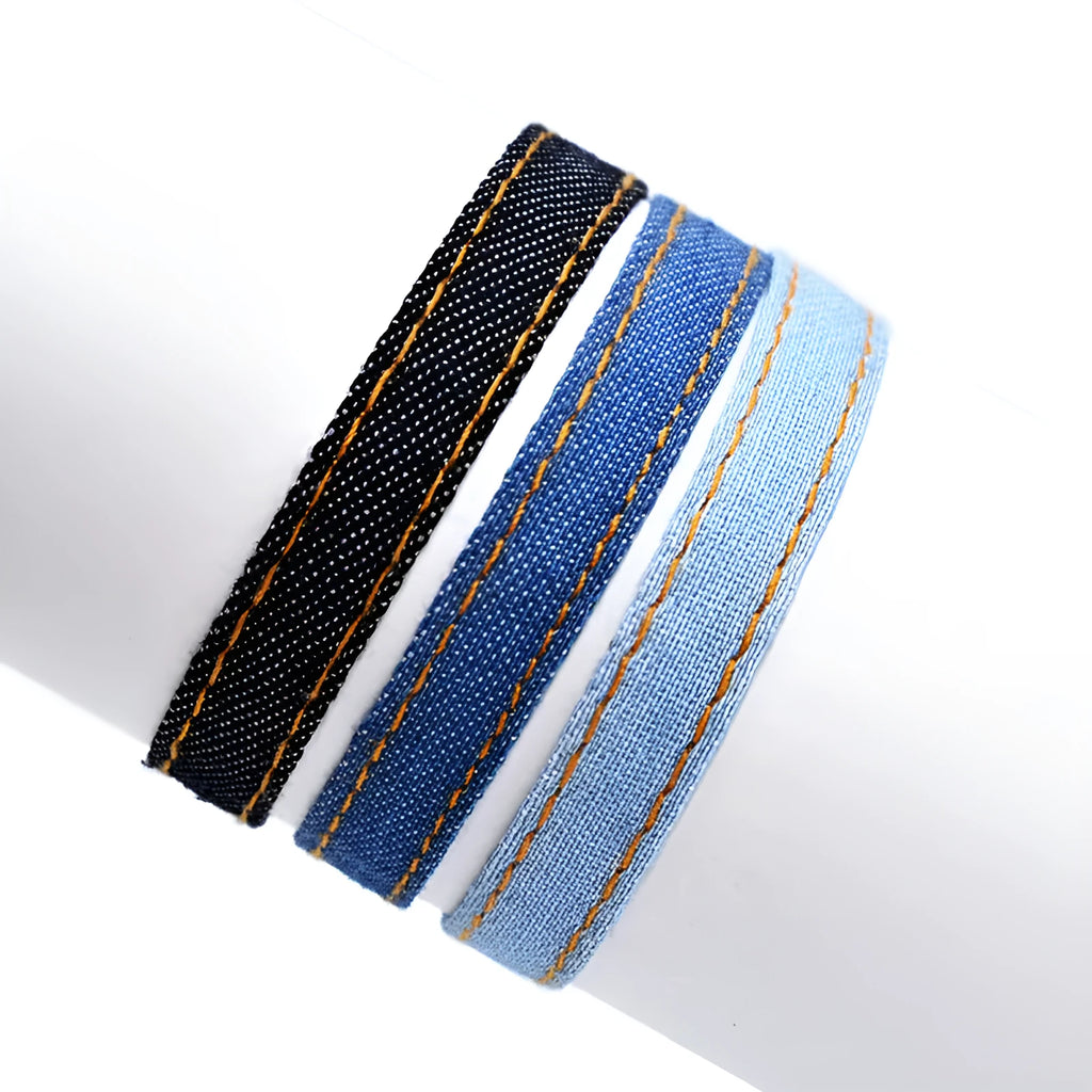 National style denim fabric bracelet carrying strap with mixed material construction for unisex travel and memorial use