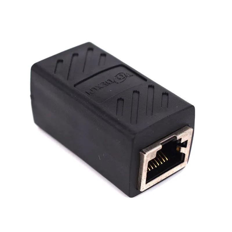 Black RJ45 butt joint extender adapter with rotary connectors for ethernet cable extension