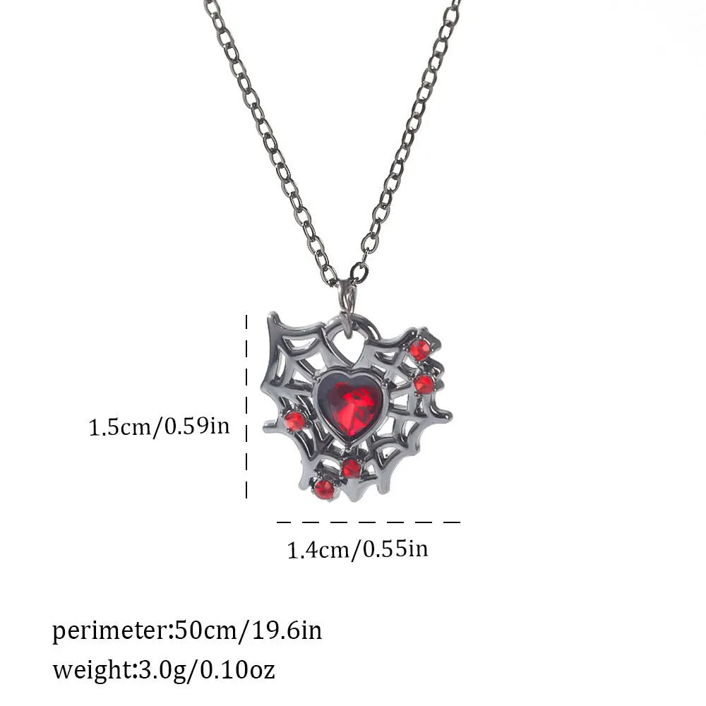Dark Halloween necklace with zinc alloy electroplated pendant showing spider web and bat designs on regular chain