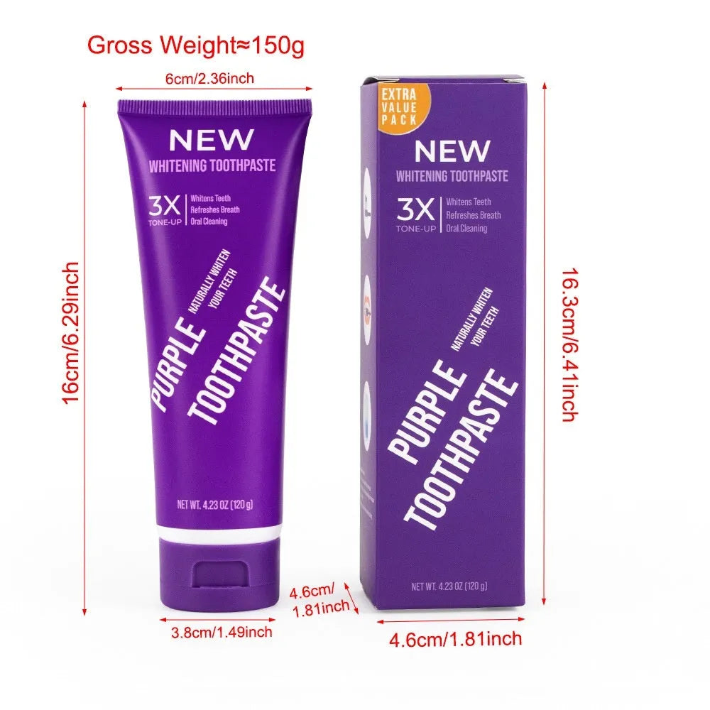 Purple whitening toothpaste tube for adults in 120g and 65g sizes.