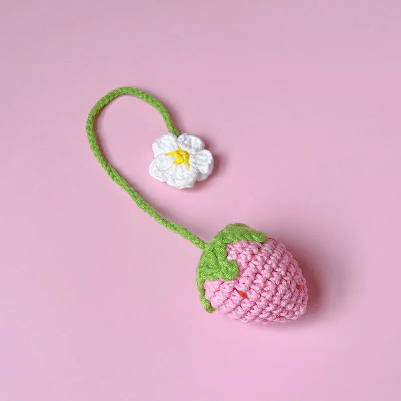 Handmade wool crochet strawberry pendant necklace in red or pink with 35cm length