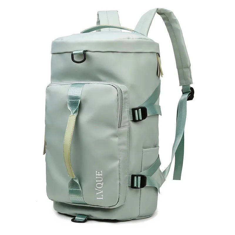 Black waterproof nylon backpack with combination lock, shown as a backpack and shoulder bag, featuring multiple pockets.