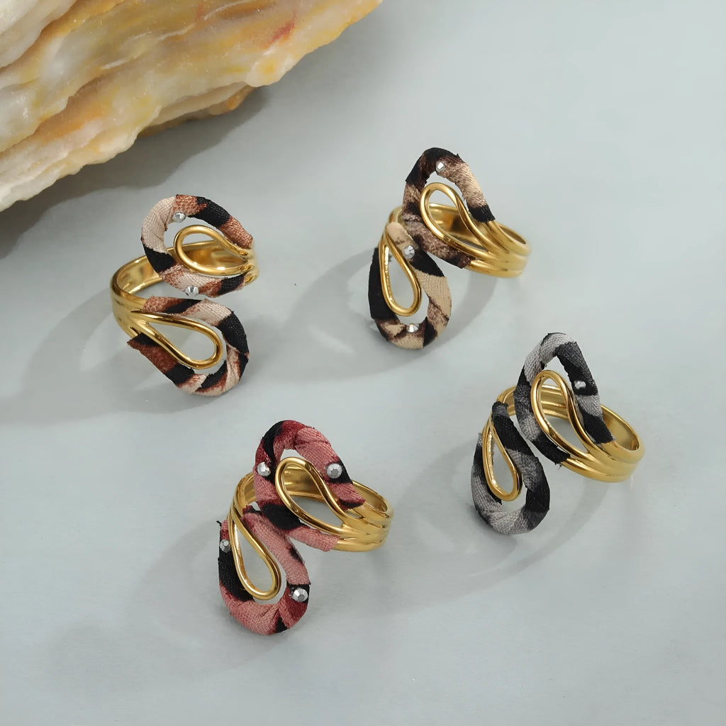 Open mouth ring with geometry heart star shapes and leopard print pattern in electroplated stainless steel