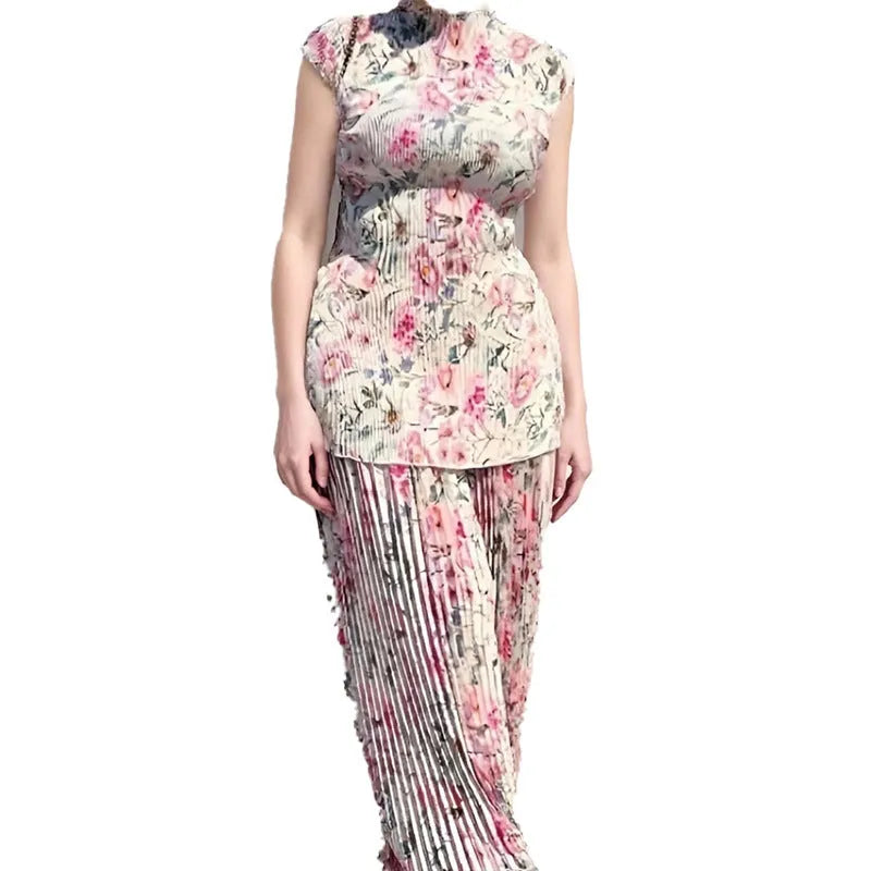 Women's long sleeve printed chiffon dress set with high waist and matching top in picture colour