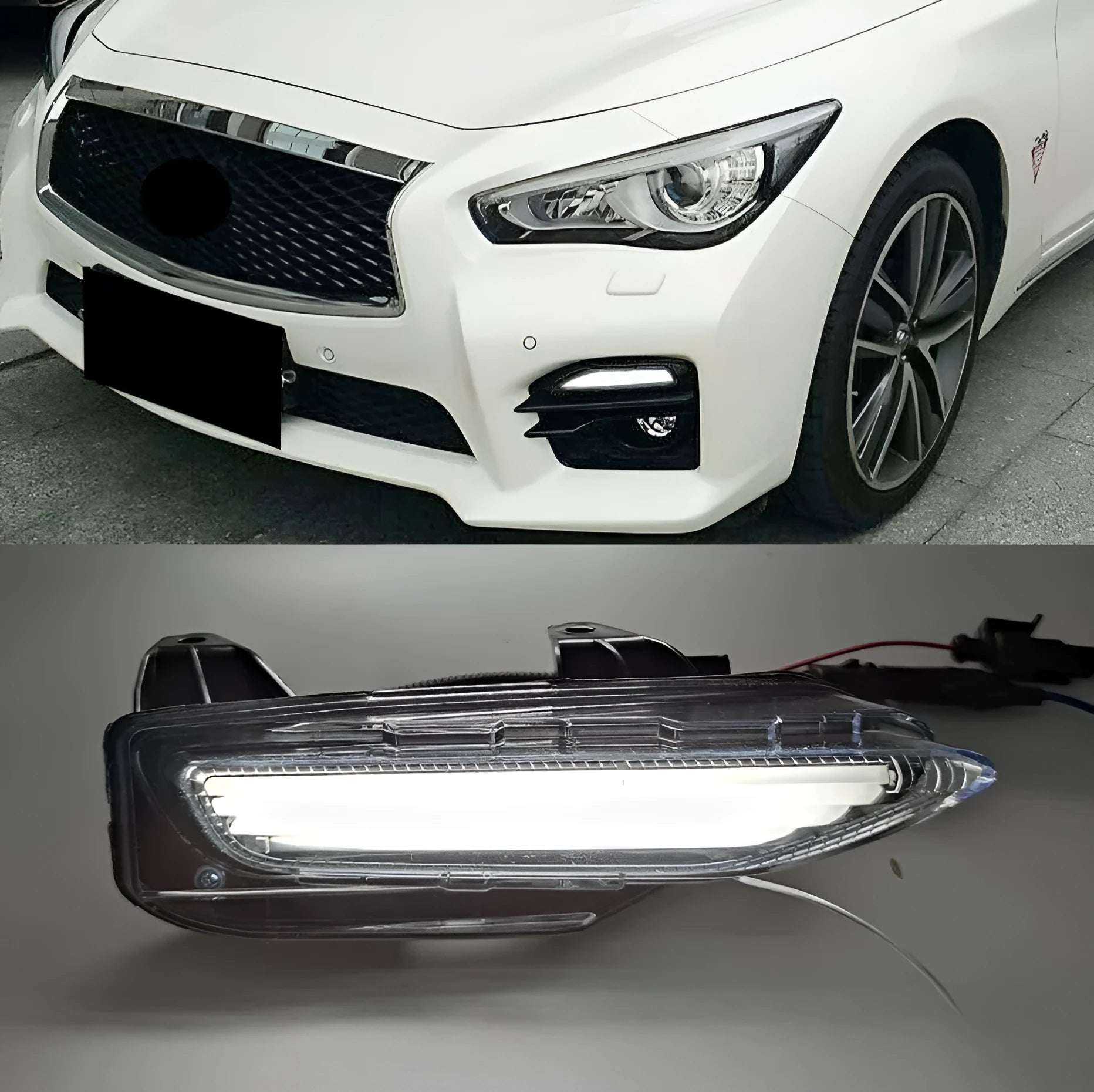 Infiniti Q50 Q70 front bumper LED daytime running light and turn signal unit with ABS housing.
