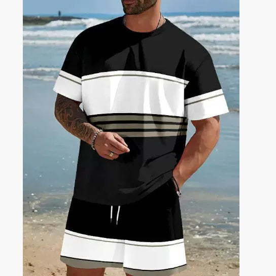 Man wearing a loose light blue short-sleeved T-shirt and matching shorts from a summer leisure suit set.