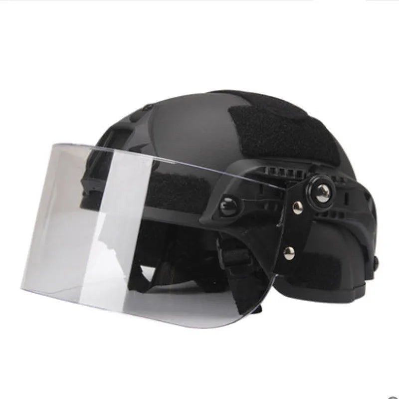 Transparent polycarbonate guide rail helmet mask with windproof lens measuring 30cm by 15cm