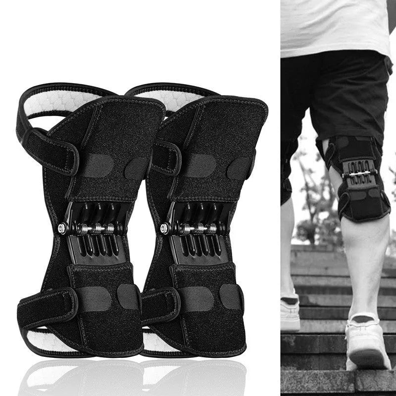 Adjustable black spring knee brace with straps and venting holes for sports support.