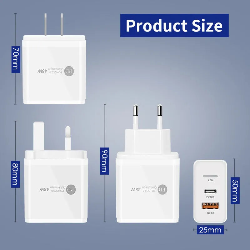 PD48W fast travel charger with UK standard three-pin plug and Type-C USB port