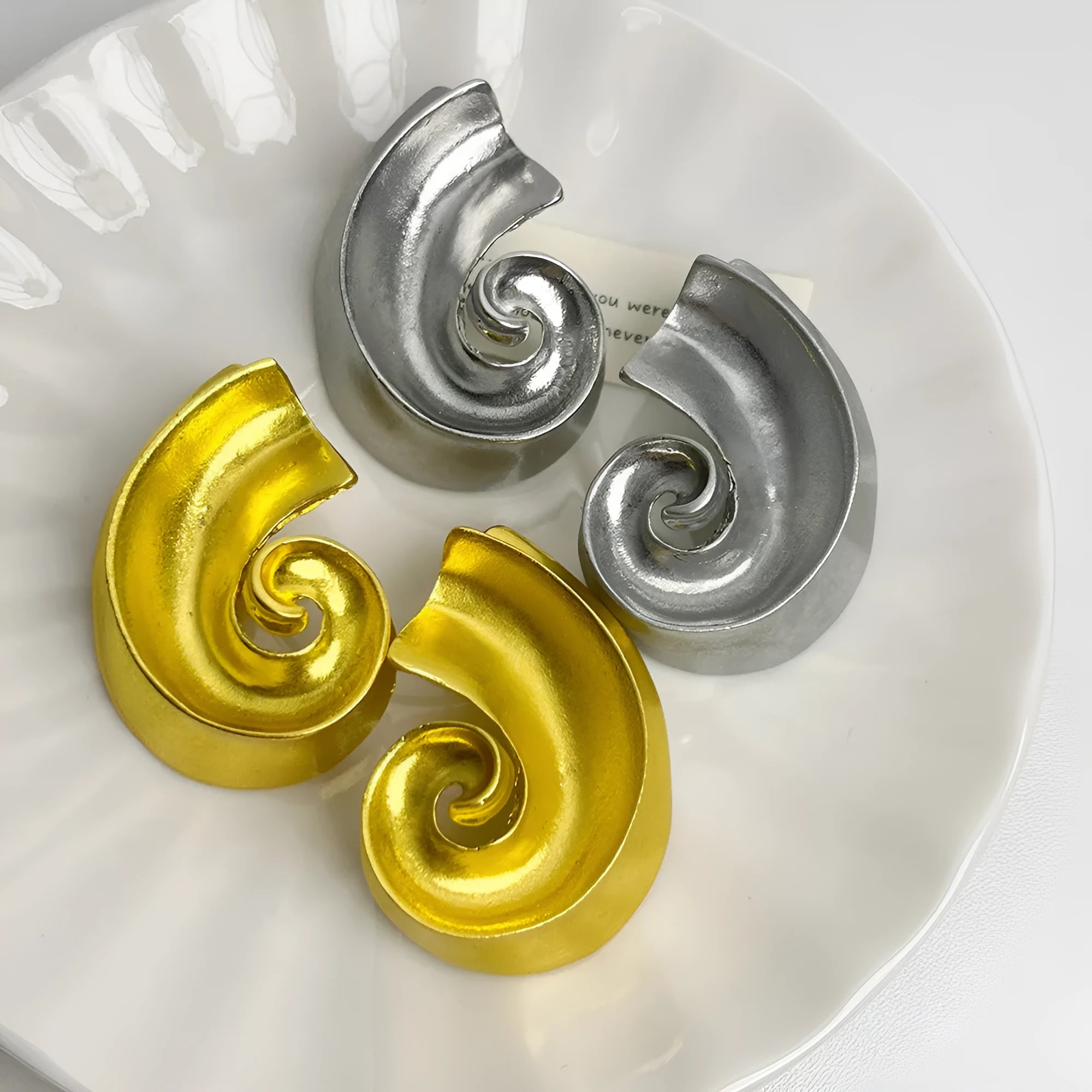 Geometric retro design ear studs with 5cm length in gold and silver electroplated finishes