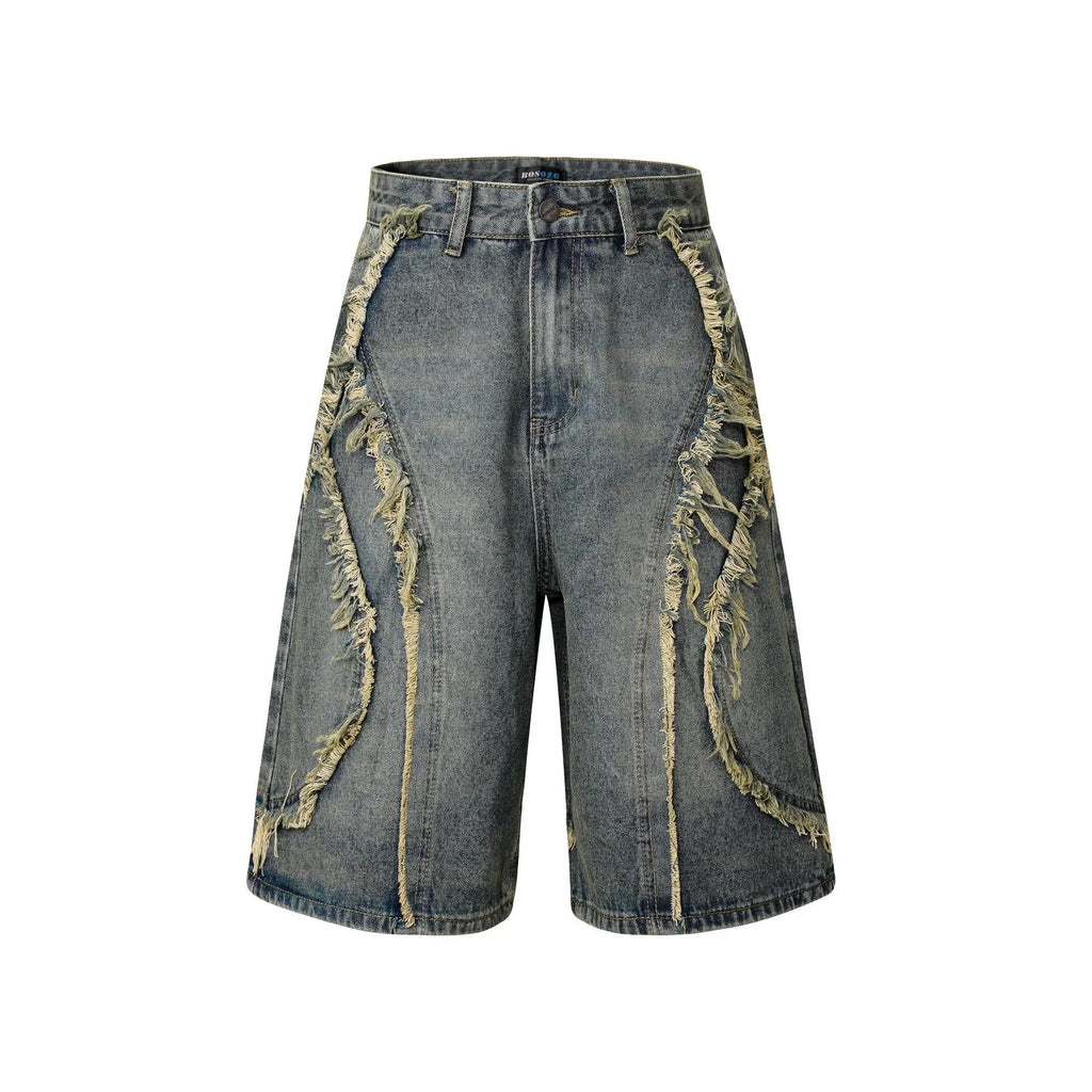 Men's distressed denim shorts with raw edges in black, straight leg cropped style