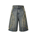 Men's distressed denim shorts with raw edges in black, straight leg cropped style