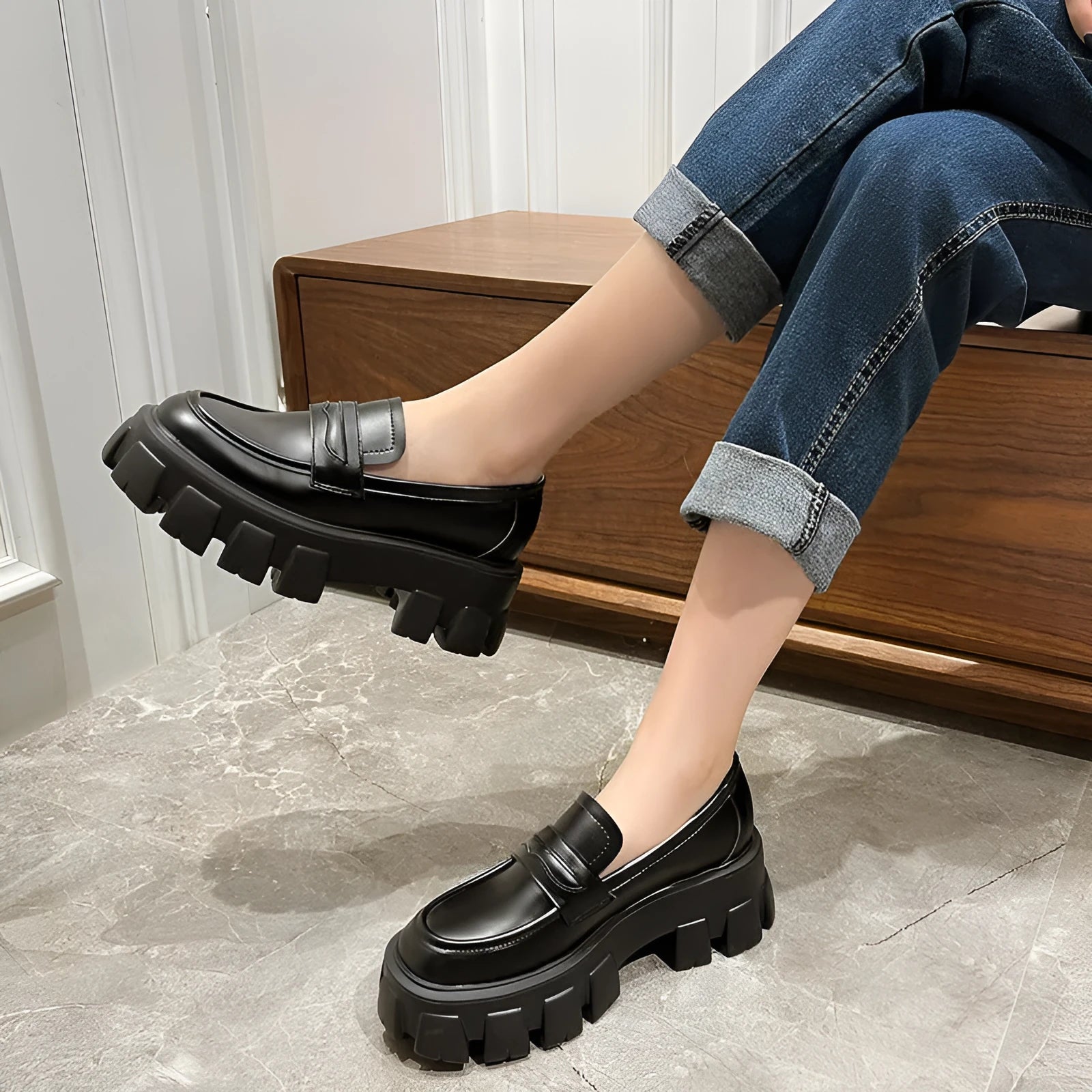 British wide-fit loafers in patent leather or matte finish with muffin heel and rubber sole