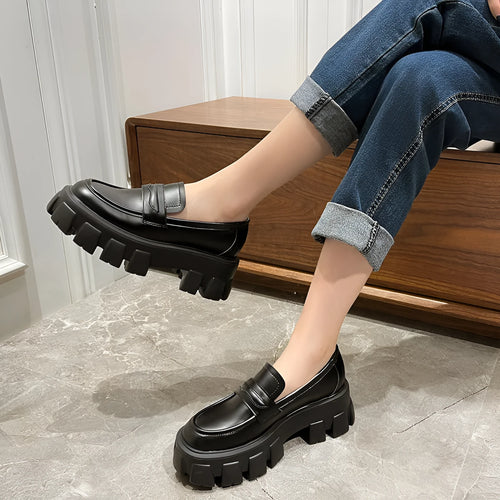 British wide-fit loafers in patent leather or matte finish with muffin heel and rubber sole
