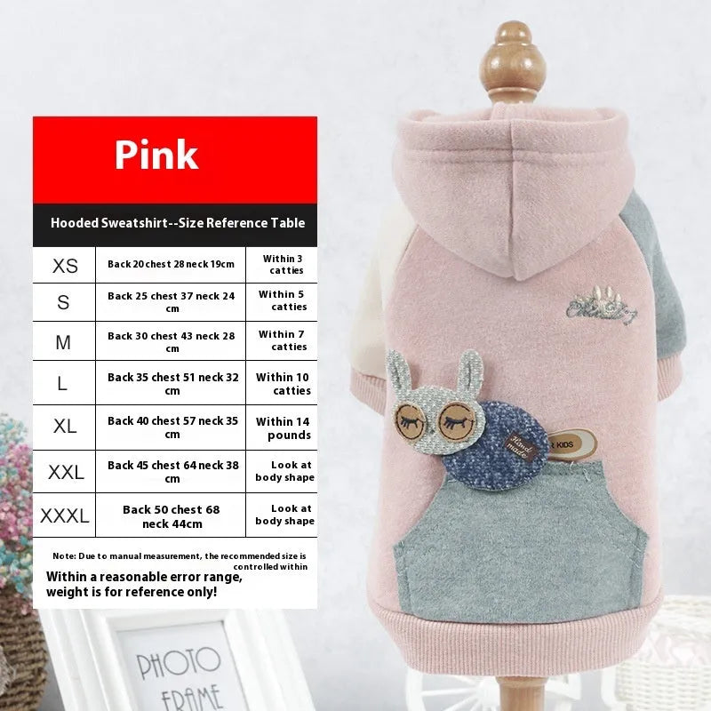 Cotton dog sweatshirt in brown, green or pink colours showing size range XS to 2XL