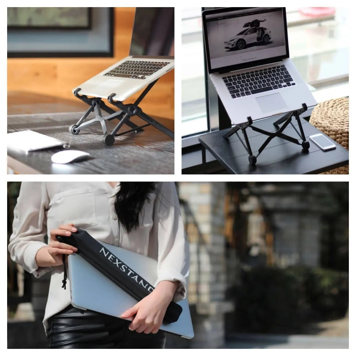 Sagacious black portable folding laptop bracket with carrying case shown at 40cm folded size