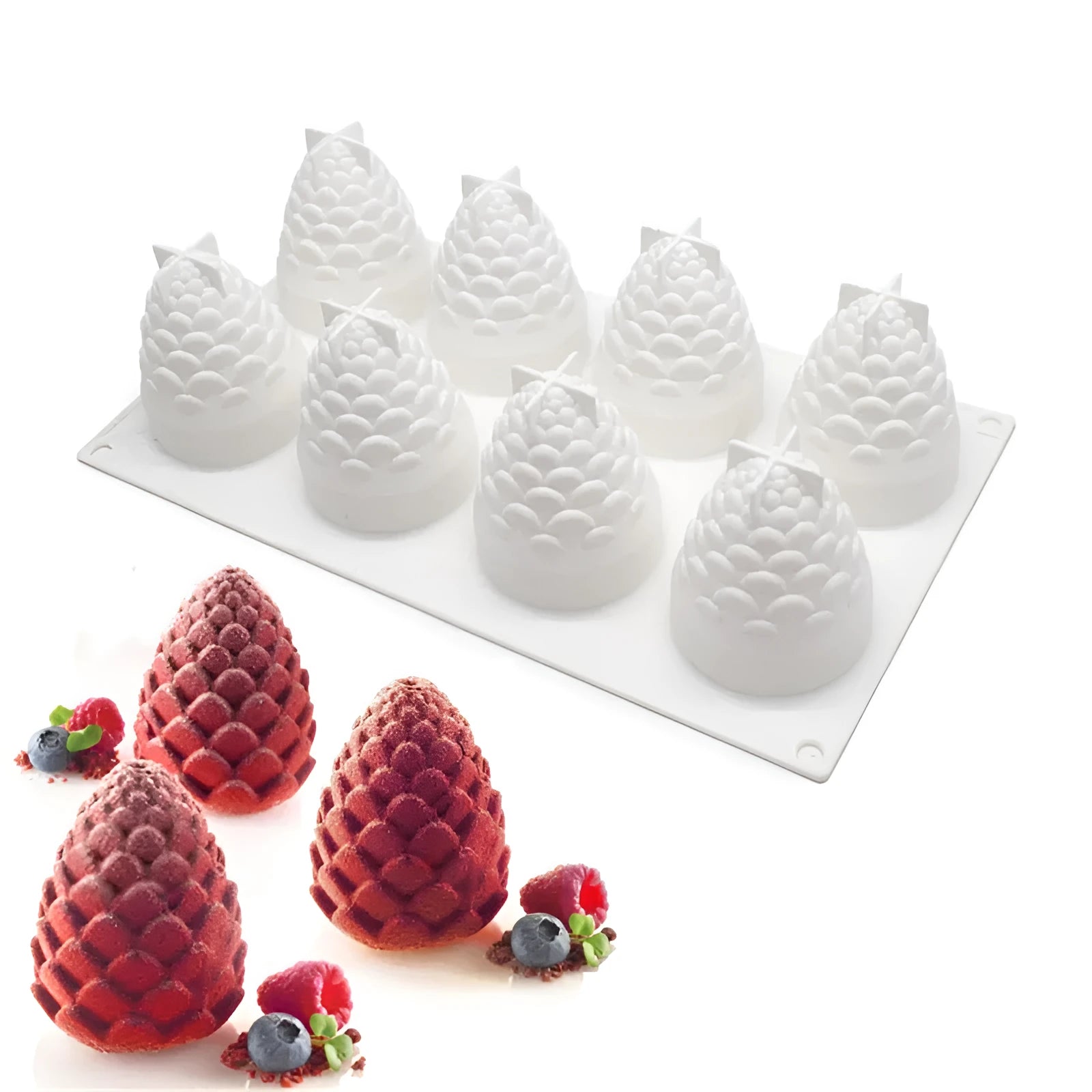 Set of six flexible silicone baking moulds showing pear, pine cone, and pineapple fruit designs.