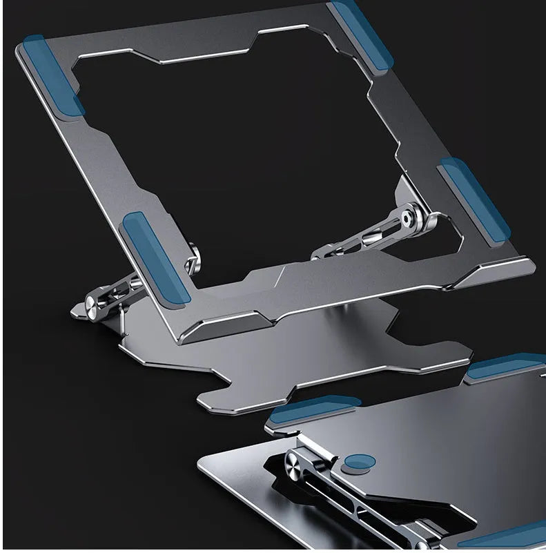 Aluminum adjustable laptop stand in folded and extended positions showing hollow design