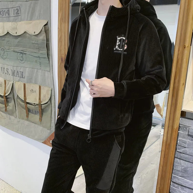 Gold velvet men casual tracksuit set with seven minute sleeves top and long trousers in black