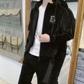 Gold velvet men casual tracksuit set with seven minute sleeves top and long trousers in black