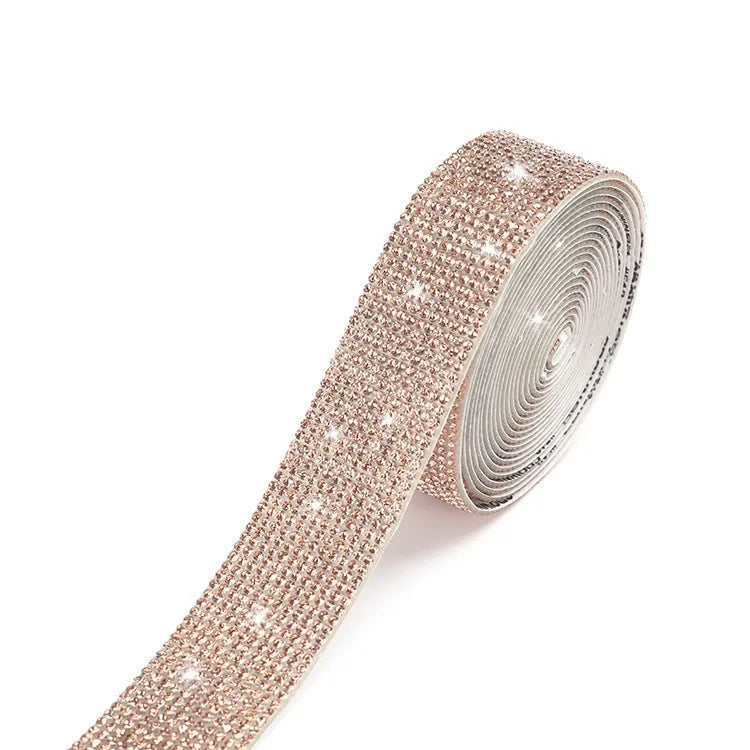 Self-adhesive glass water drill strip on fabric in white and AB colour, showing 0.9cm, 1.7cm, and 2.6cm width options.