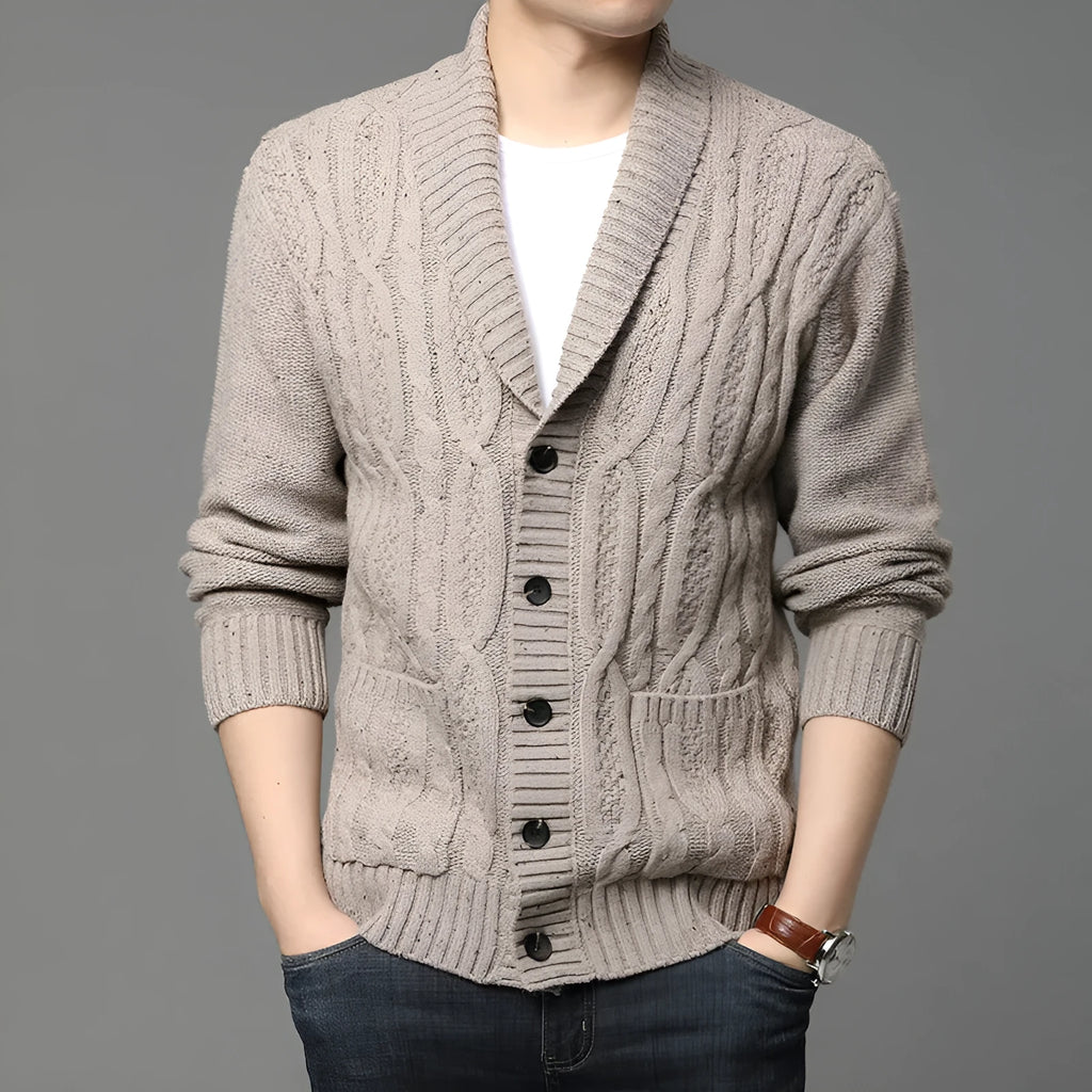 Korean style men's jacquard knitted jacket cardigan in chemical fibre blend for autumn winter wear