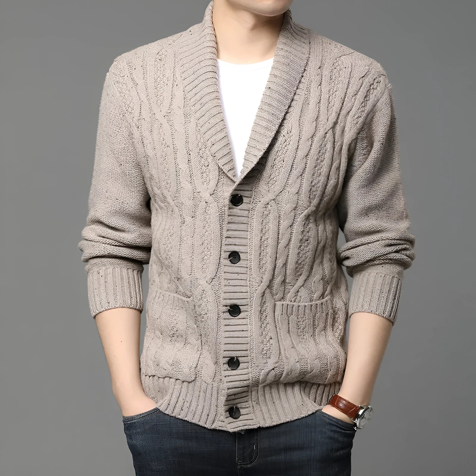 Korean style men's jacquard knitted jacket cardigan in chemical fibre blend for autumn winter wear