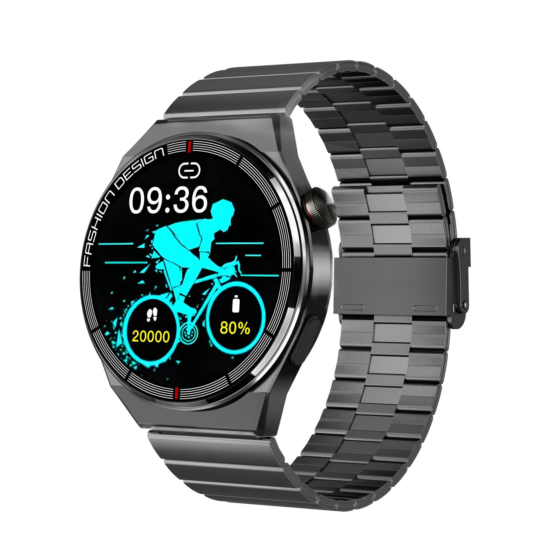 Black smartwatch with 1.28-inch screen showing health metrics on silicone strap