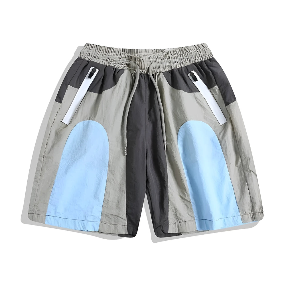 Blue patchwork quick-drying outdoor shorts with loose straight-leg design and elastic waistband