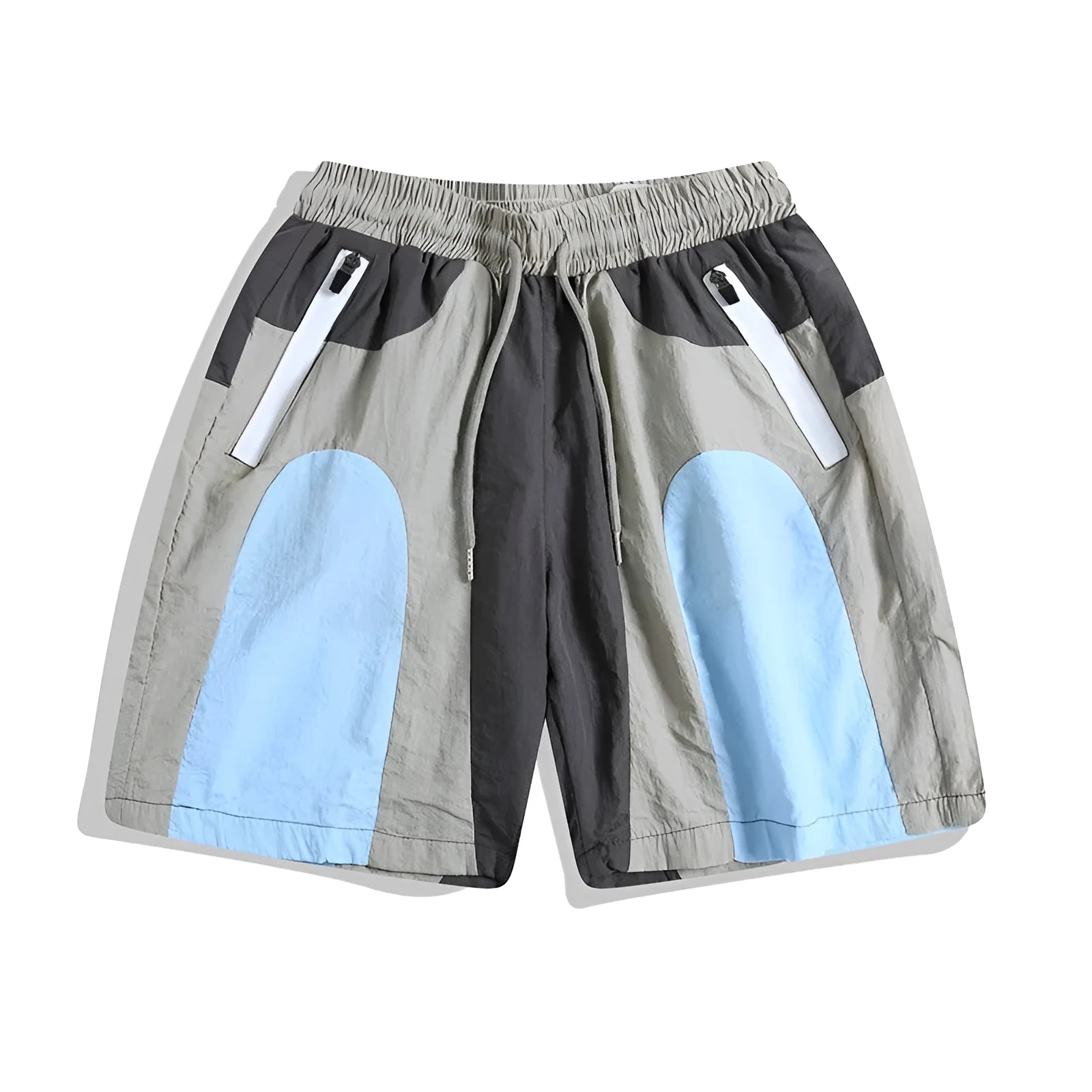 Blue patchwork quick-drying outdoor shorts with loose straight-leg design and elastic waistband