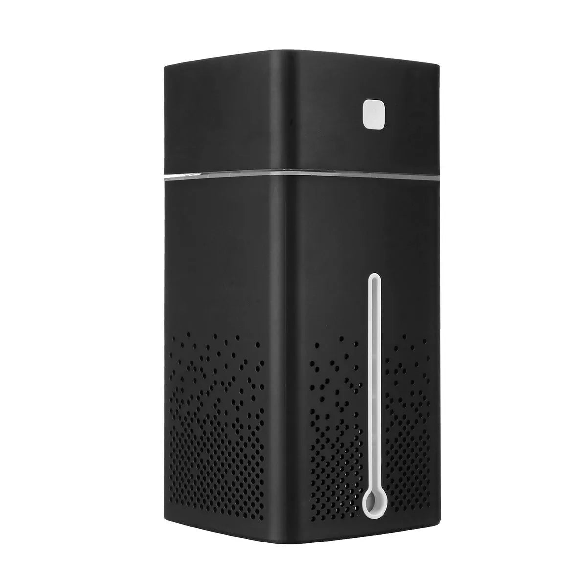 Black and white desktop humidifier measuring 103x103x218mm with USB connection port