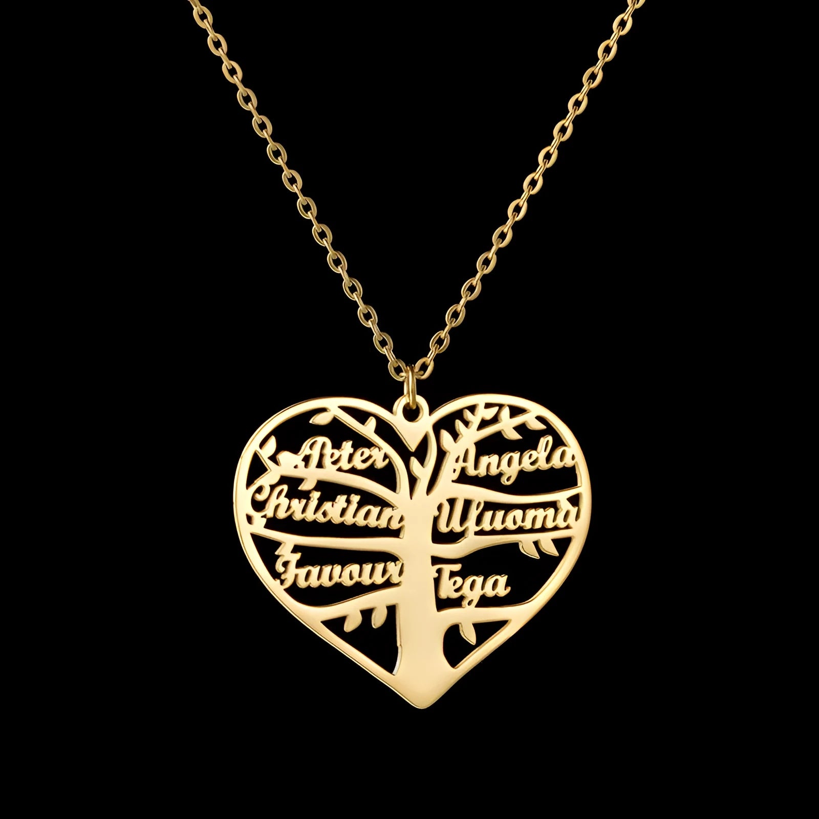Custom stainless steel necklace with hollow heart, letter, and lucky tree pendant, available in silver, gold, rose gold.