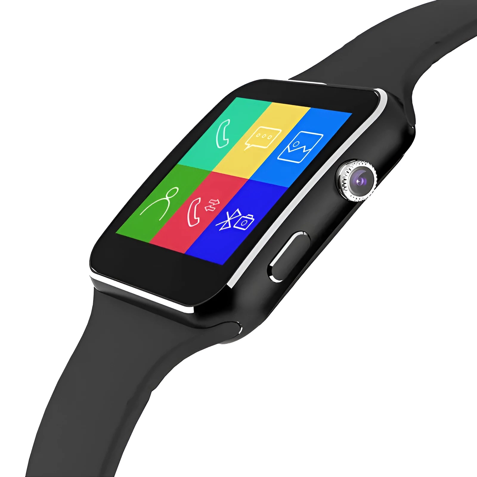 Black smart watch with a round 1.54-inch touchscreen on a silicone strap
