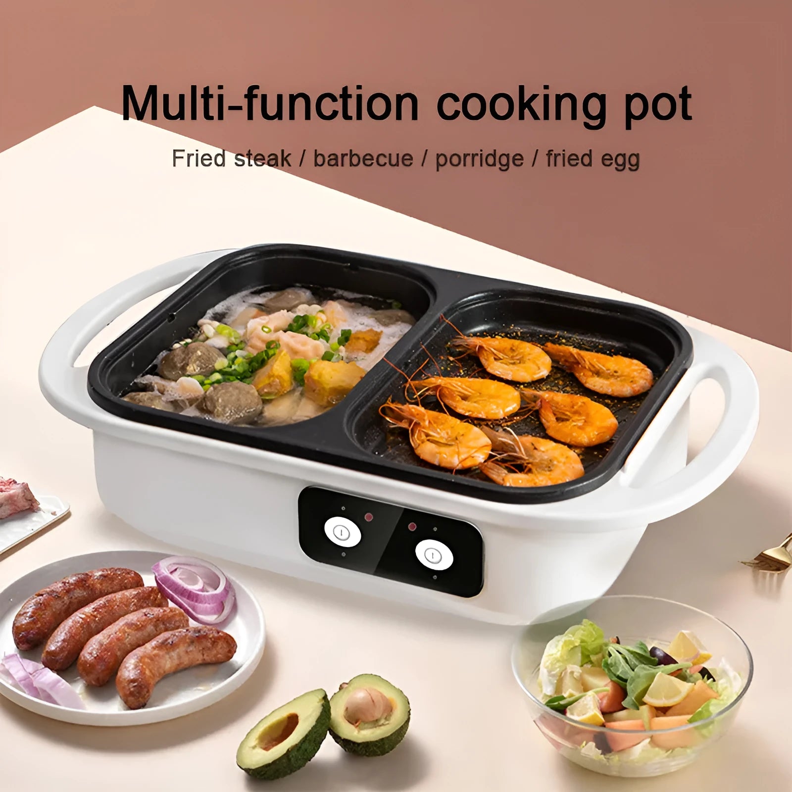 White or green multi-functional electric cauldron and frying oven appliance with mechanical controls