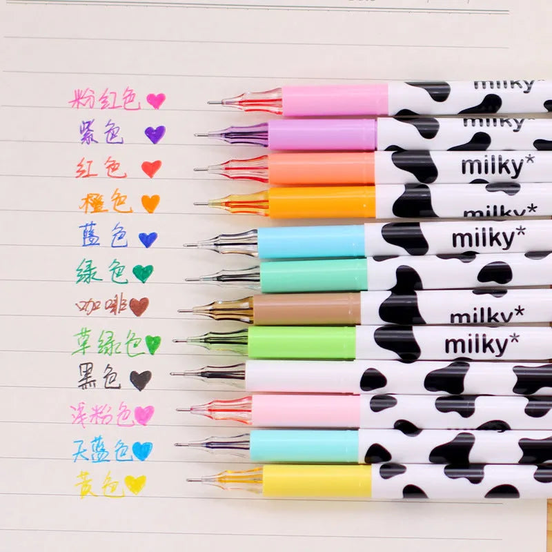 Cow colour gel pen set showing 12 different ink colours with 0.38mm tips in plastic shells