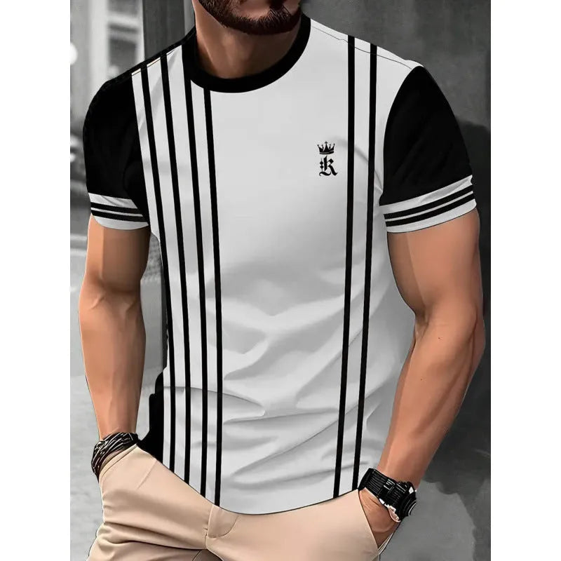 Men's loose fit casual T-shirt with digital 3D printed stripe pattern, short sleeves, polyester fabric