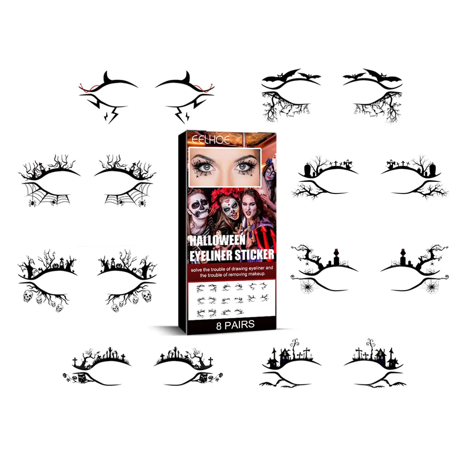 8 pairs bat and spider decorative eye shadow eyeliner stickers for Halloween party face makeup