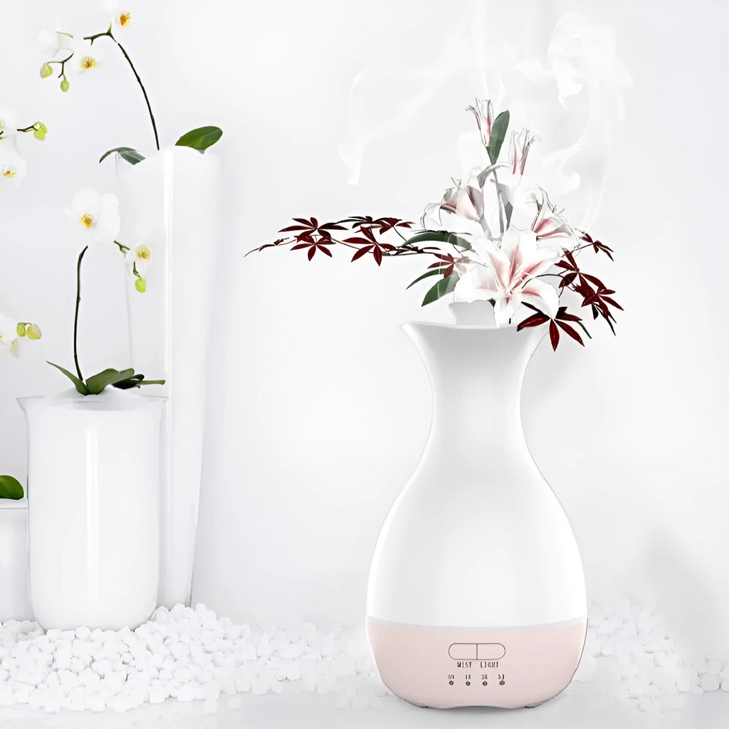 White ultrasonic air humidifier and essential oil diffuser with colourful night light and 200ml water tank