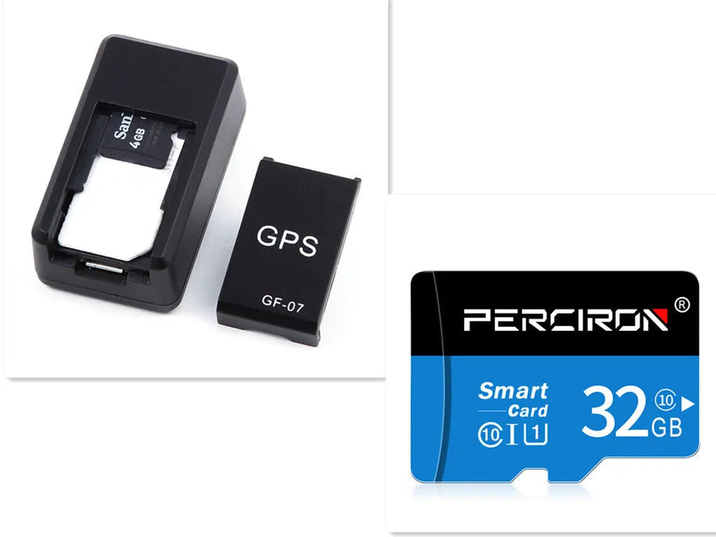 Black plastic magnetic GPS car tracker device measuring 35x20x14mm with USB charging cable