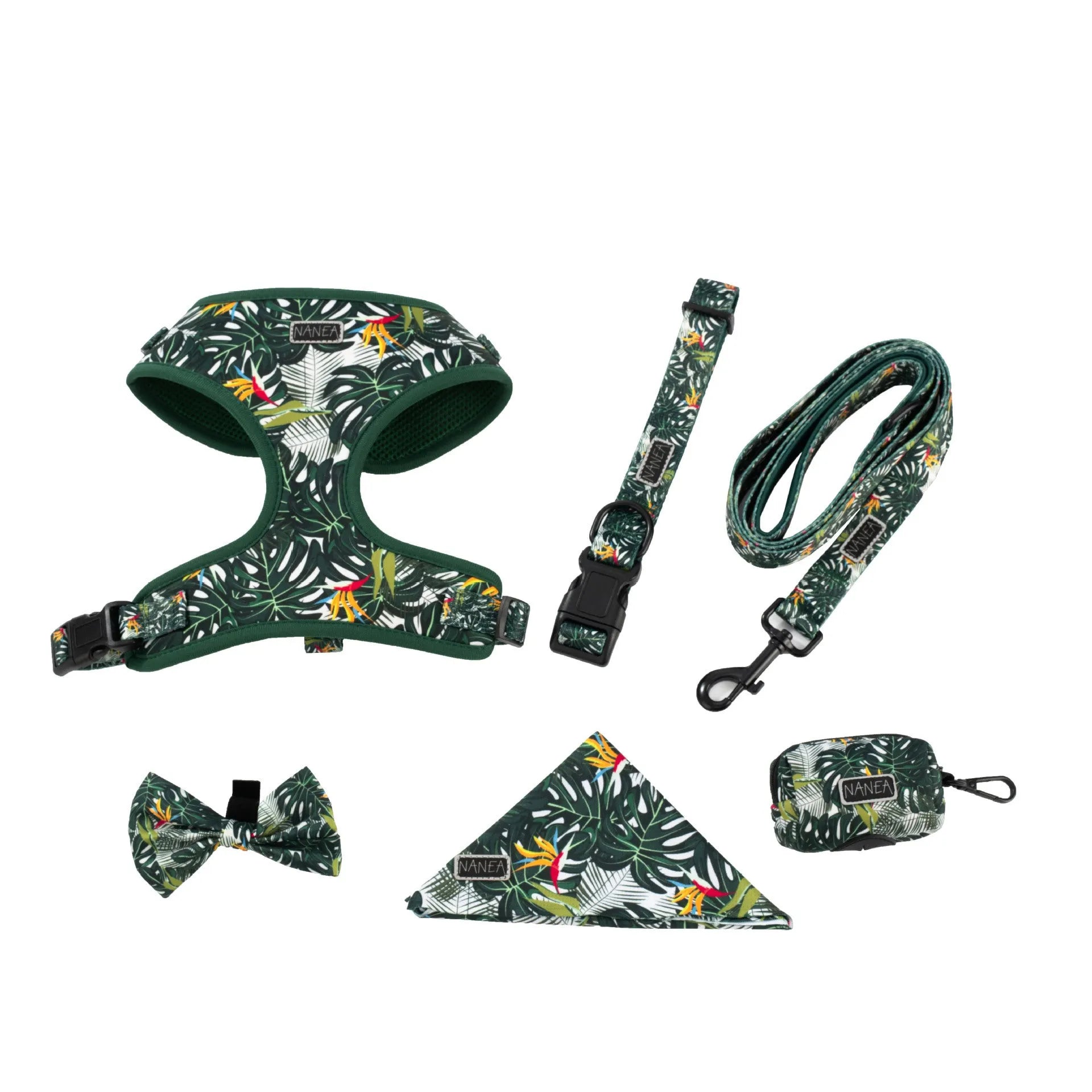 Adjustable vest pet harness set with haulage rope, collar, waste bag, bow tie and triangular bib