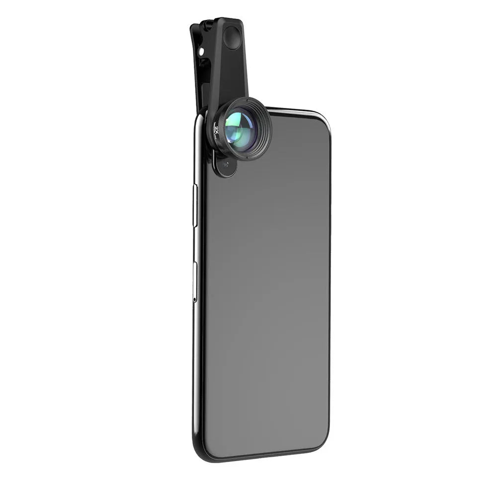 Black universal 6-in-1 mobile phone lens kit showing fisheye, macro, wide angle, telephoto, CPL and star filter lenses with clip.