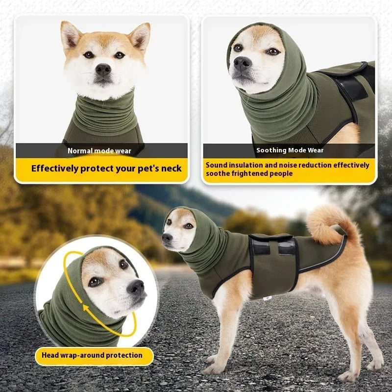 Dog wearing polyester calming jacket for anxiety relief in army green colour