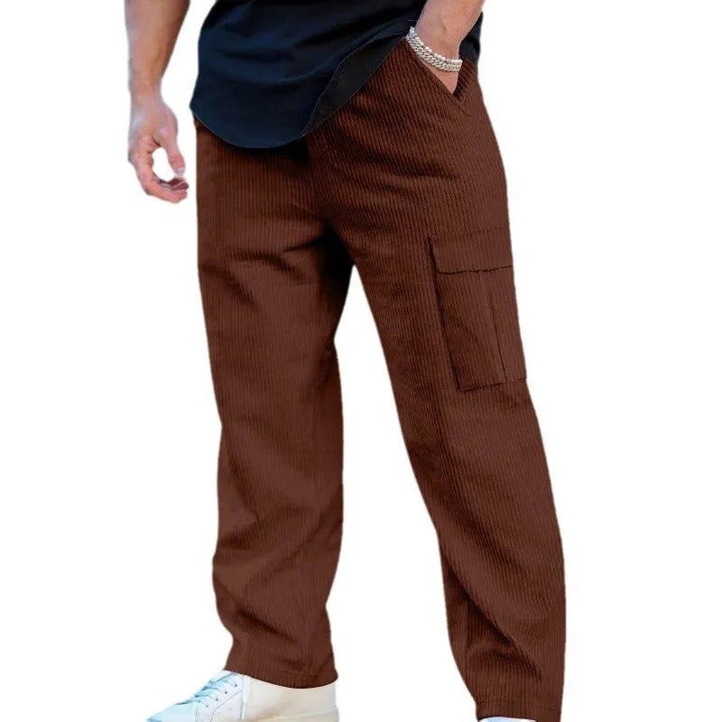 Men's corduroy cargo trousers in wide-leg straight fit with drawstring waist in multiple colour options