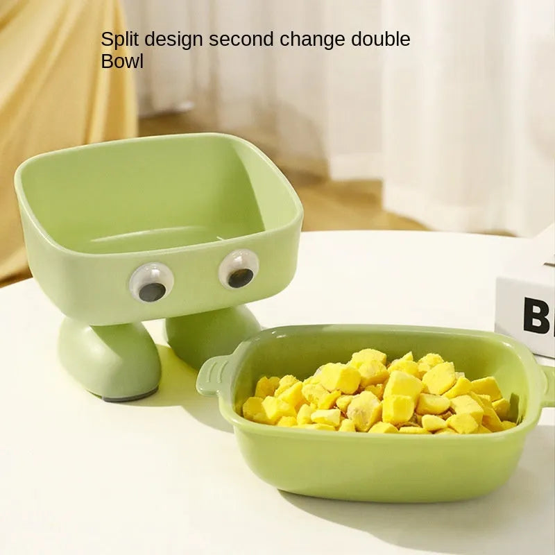 Robot-shaped elevated cat bowl with 15-degree tilt design in green colour