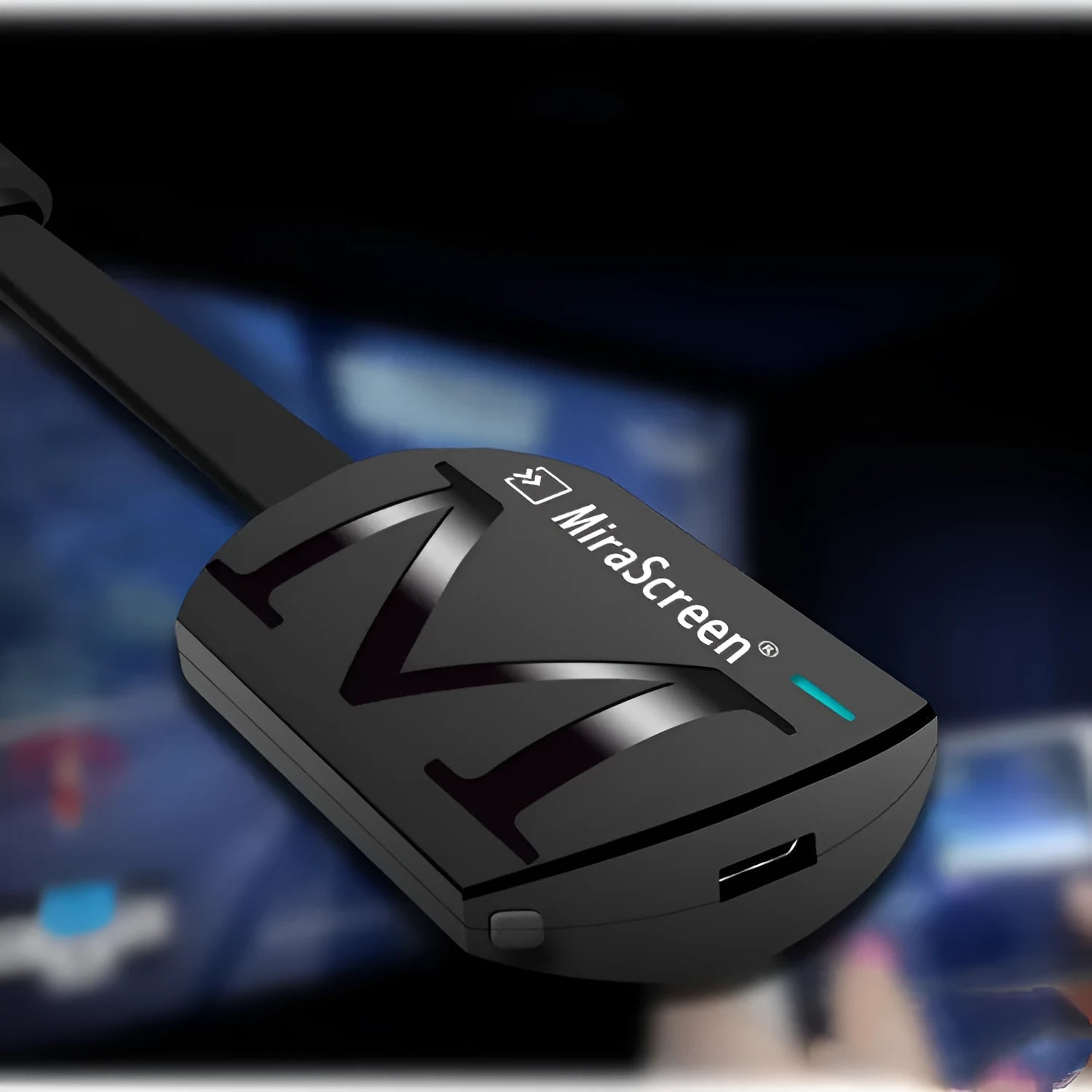 Black smartphone to TV dongle with USB and HDMI connectors for screen mirroring