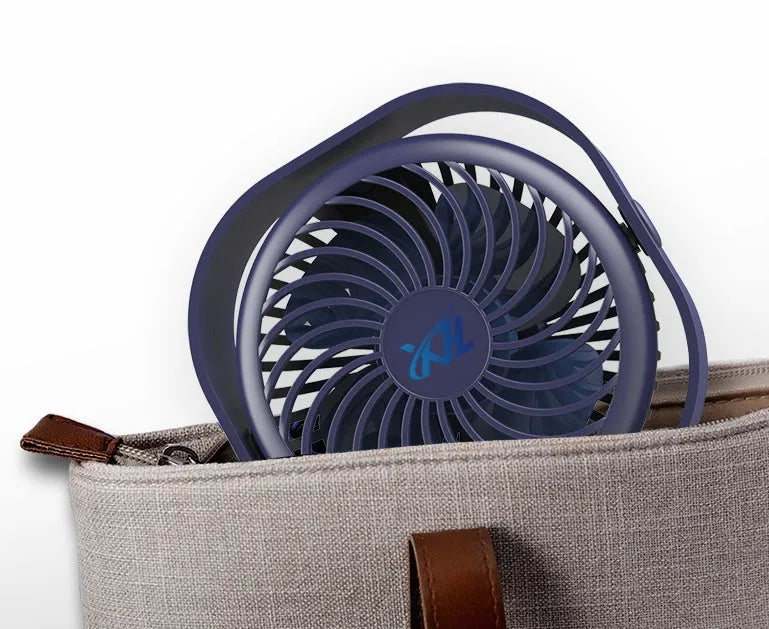 USB desk fan with alarm clock showing 360-degree rotation and rotary switch in blue colour