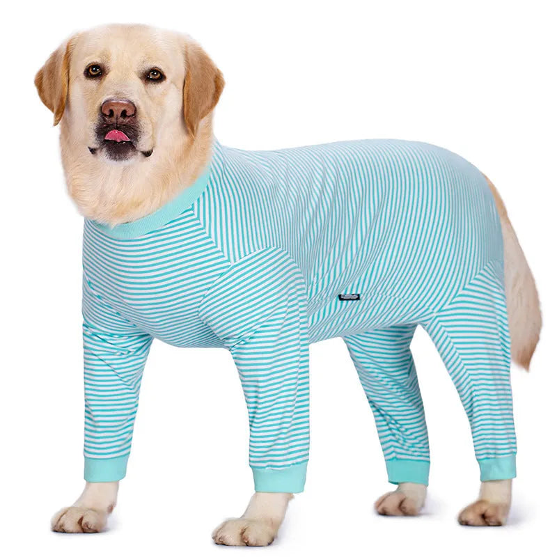 Four-legged striped polyester dog shirt for Golden Retrievers and Labradors in three colour options.