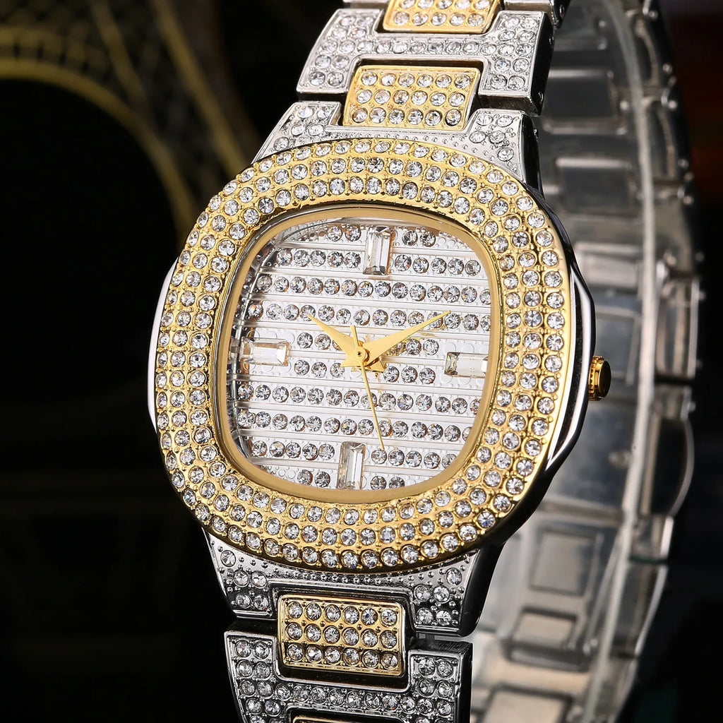 Fashion diamond watch with 37mm alloy strap dial and butterfly clasp on wrist
